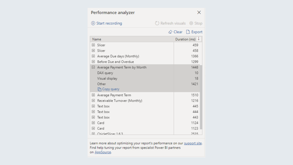 Refresh Time - refresh now button Showing how visuals takes time to Load performance anayser table power bi dashboard optimizing options power bI runs out of resources options